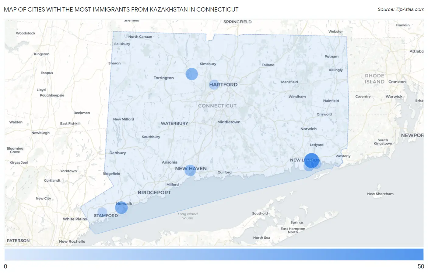 Cities with the Most Immigrants from Kazakhstan in Connecticut Map