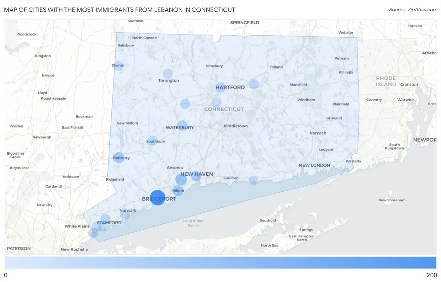 Cities with the Most Immigrants from Lebanon in Connecticut Map