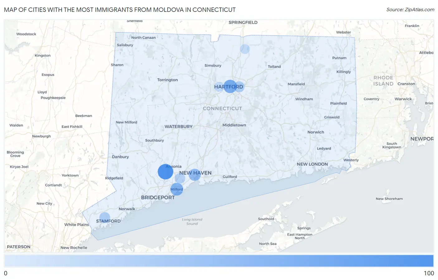 Cities with the Most Immigrants from Moldova in Connecticut Map