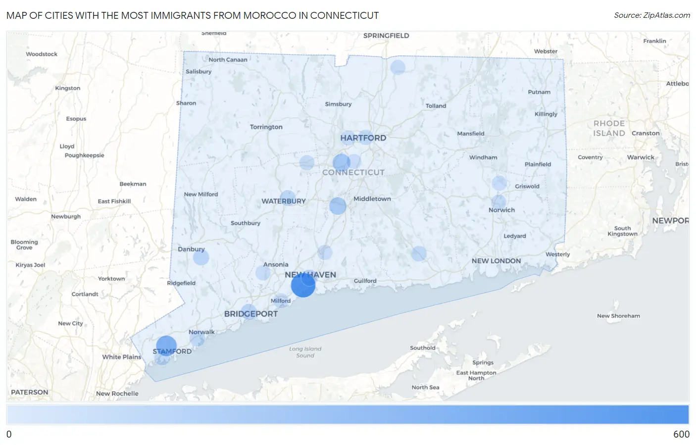 Cities with the Most Immigrants from Morocco in Connecticut Map