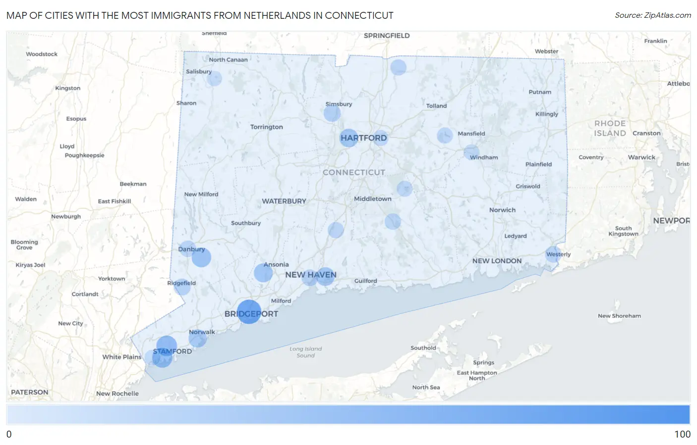 Cities with the Most Immigrants from Netherlands in Connecticut Map