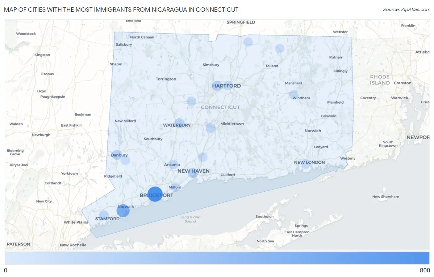 Cities with the Most Immigrants from Nicaragua in Connecticut Map
