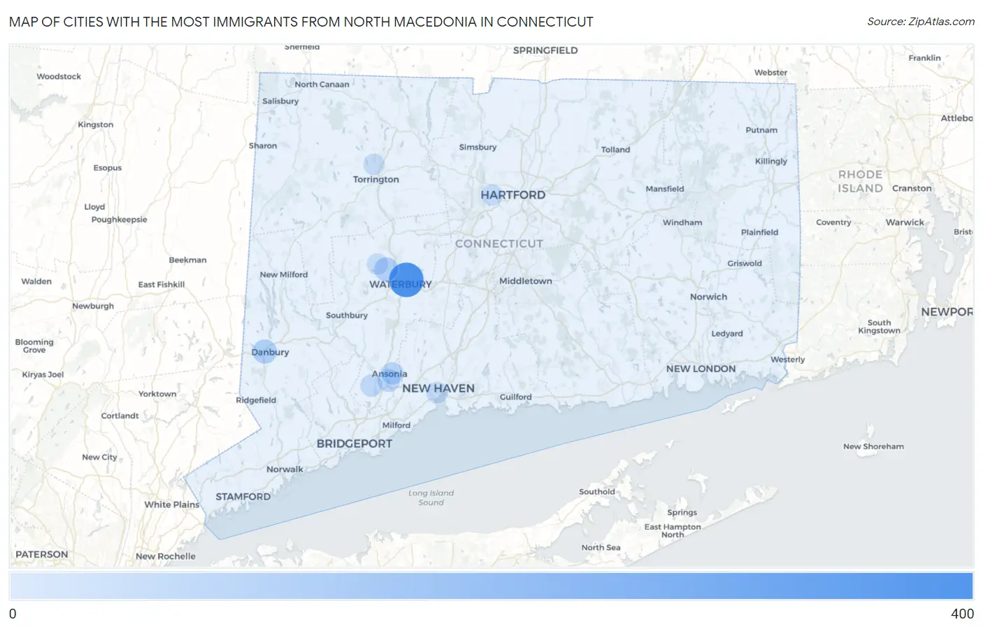 Cities with the Most Immigrants from North Macedonia in Connecticut Map