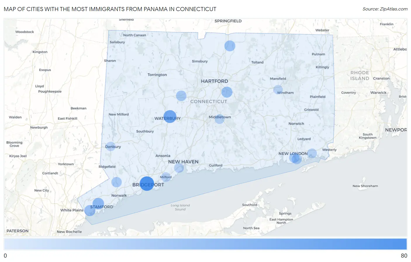 Cities with the Most Immigrants from Panama in Connecticut Map