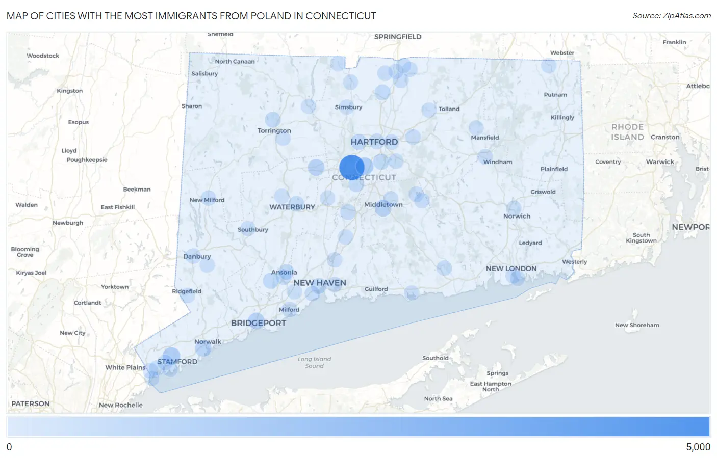 Cities with the Most Immigrants from Poland in Connecticut Map