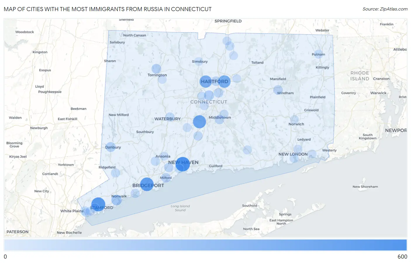 Cities with the Most Immigrants from Russia in Connecticut Map