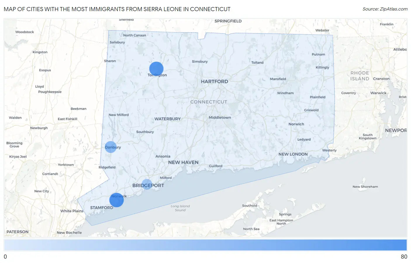 Cities with the Most Immigrants from Sierra Leone in Connecticut Map