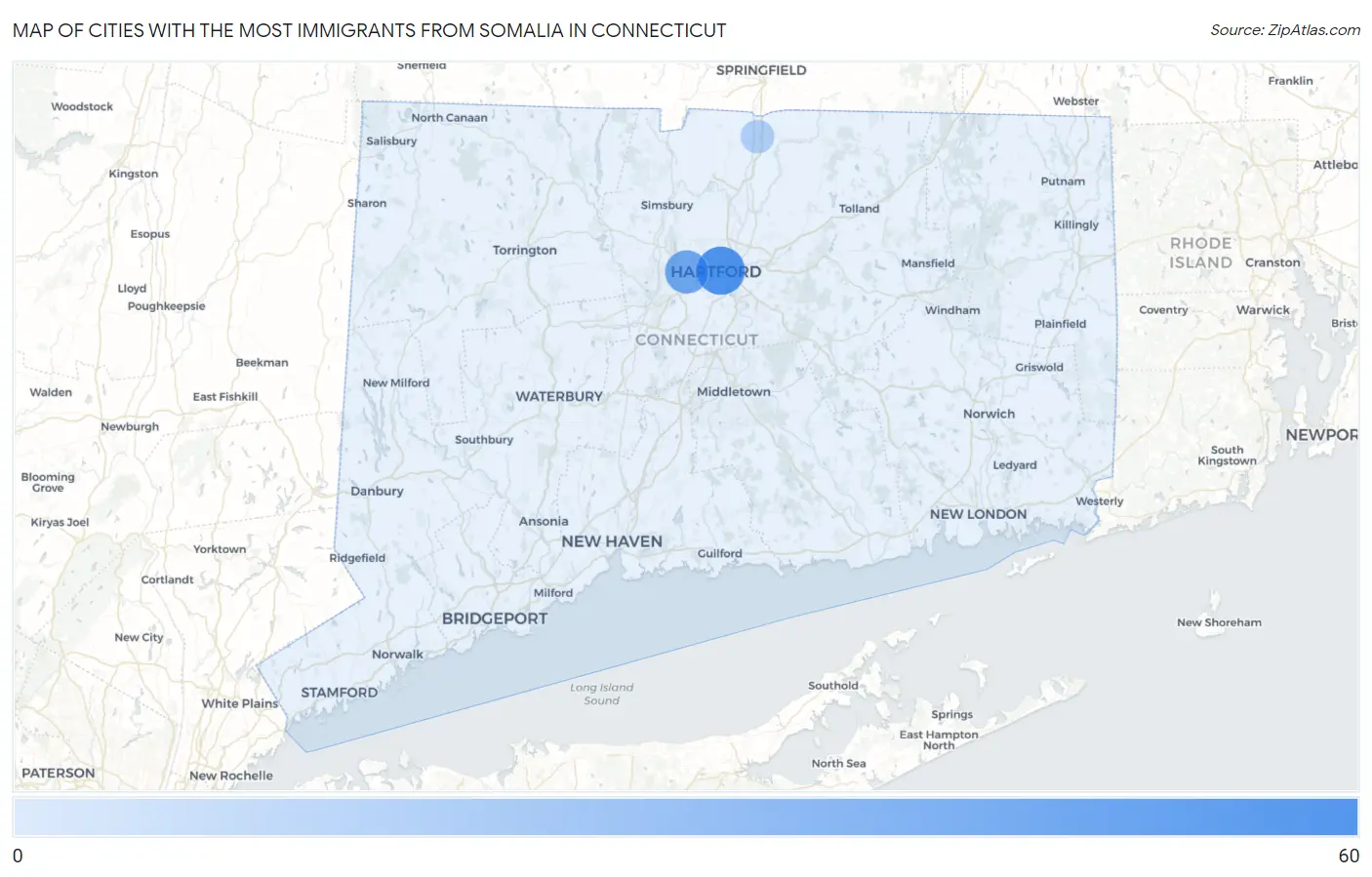 Cities with the Most Immigrants from Somalia in Connecticut Map