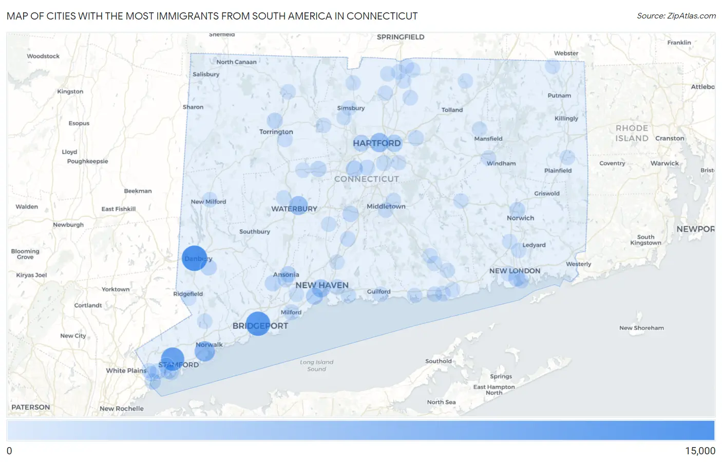Cities with the Most Immigrants from South America in Connecticut Map