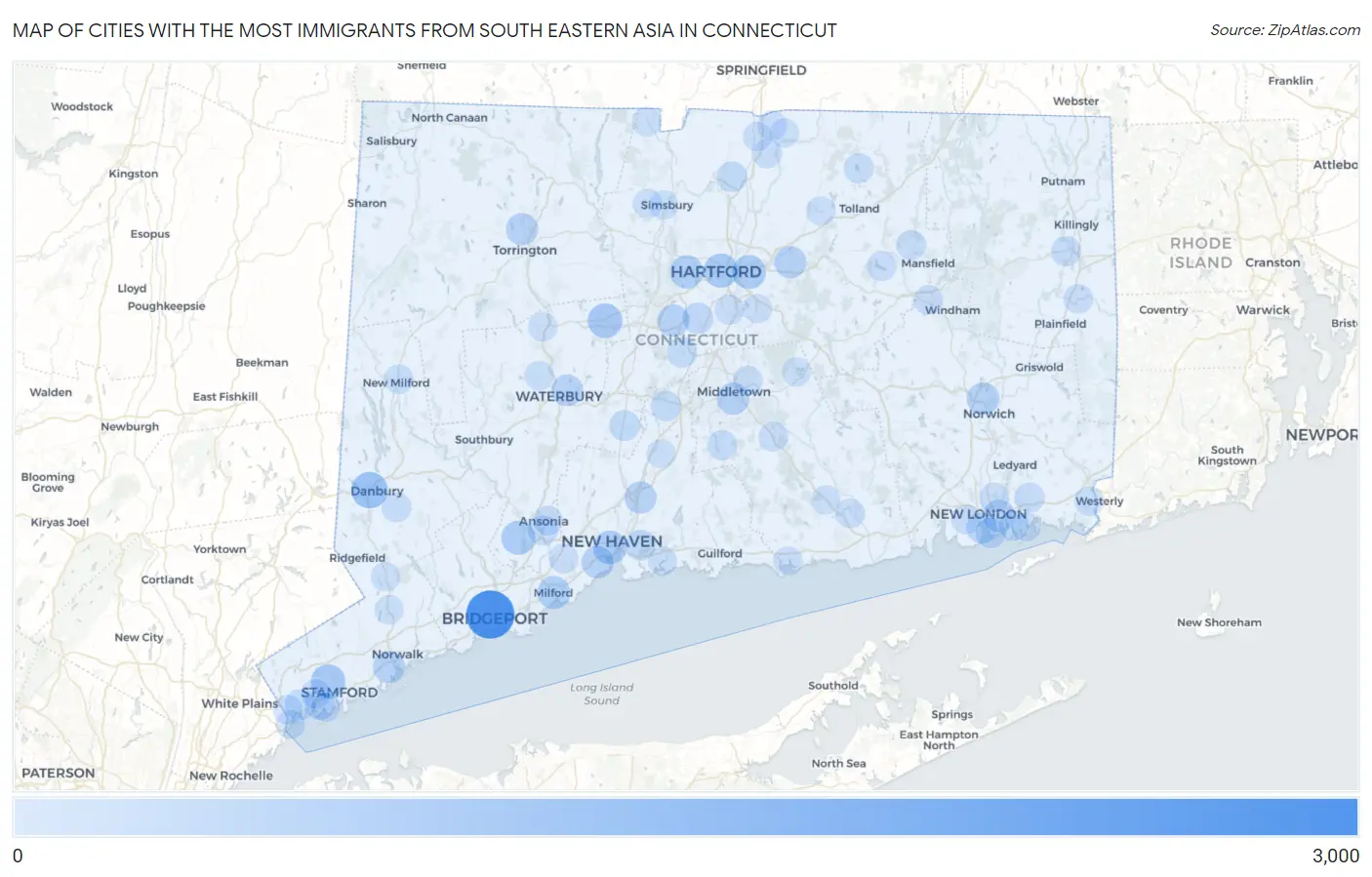 Cities with the Most Immigrants from South Eastern Asia in Connecticut Map