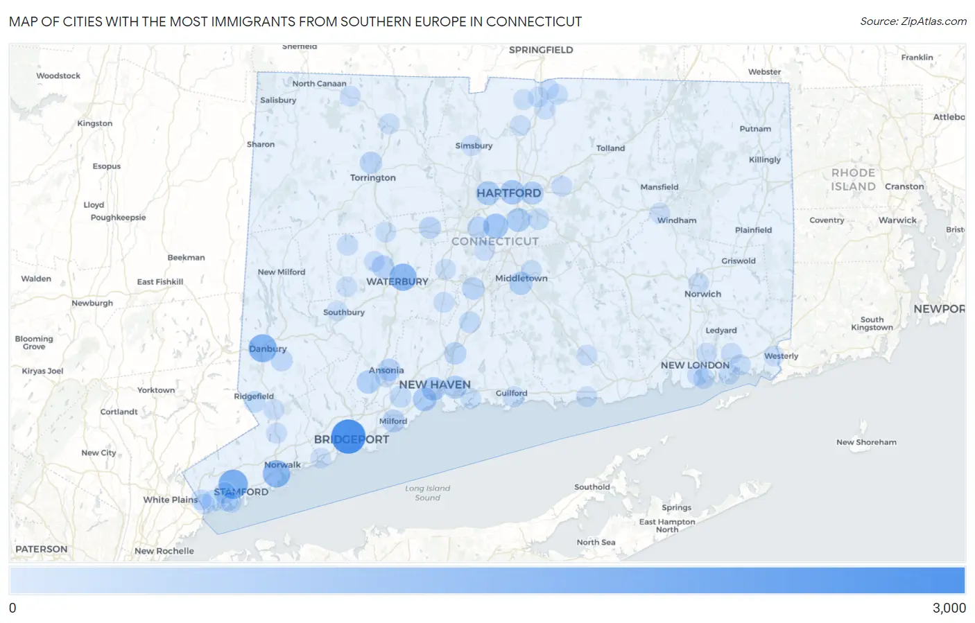 Cities with the Most Immigrants from Southern Europe in Connecticut Map