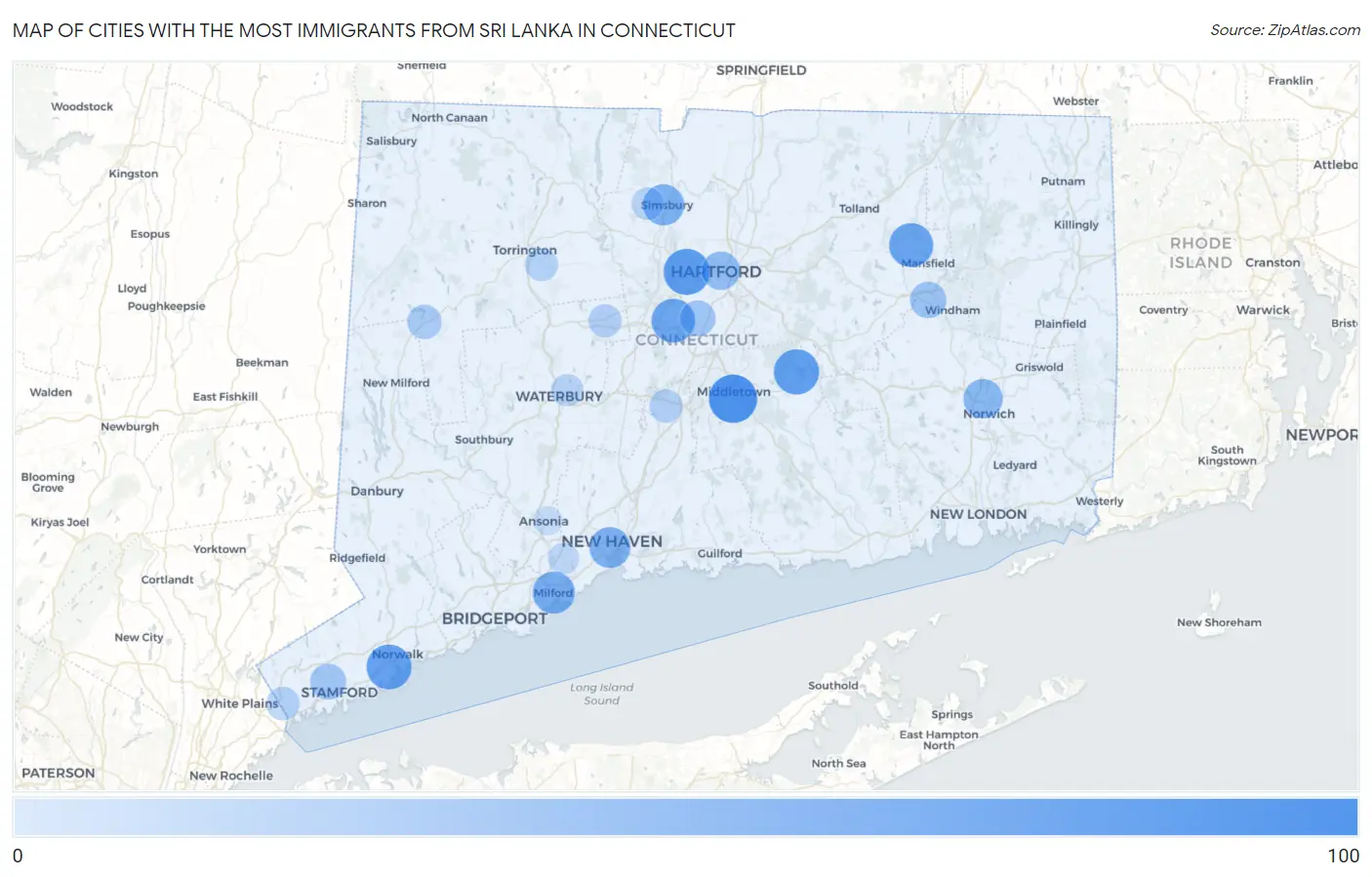 Cities with the Most Immigrants from Sri Lanka in Connecticut Map