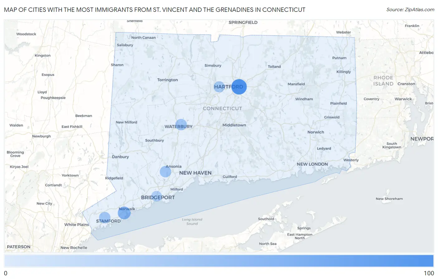 Cities with the Most Immigrants from St. Vincent and the Grenadines in Connecticut Map
