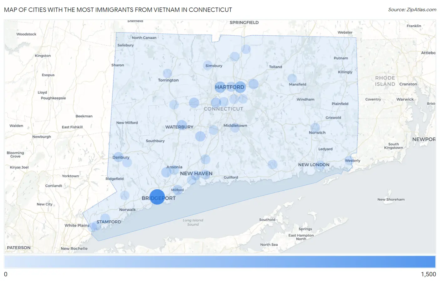 Cities with the Most Immigrants from Vietnam in Connecticut Map