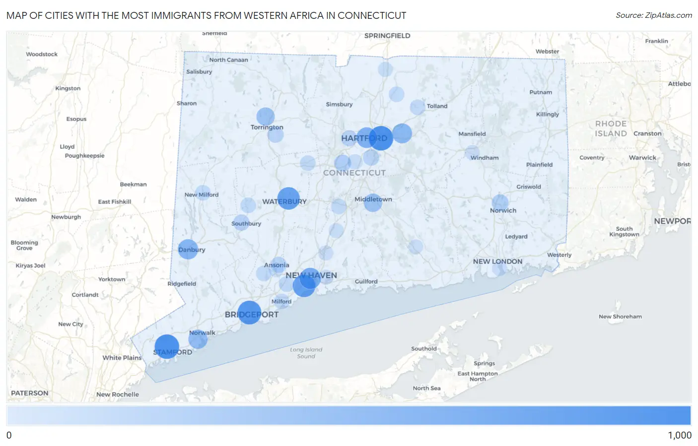Cities with the Most Immigrants from Western Africa in Connecticut Map
