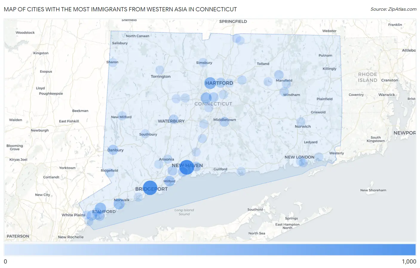 Cities with the Most Immigrants from Western Asia in Connecticut Map