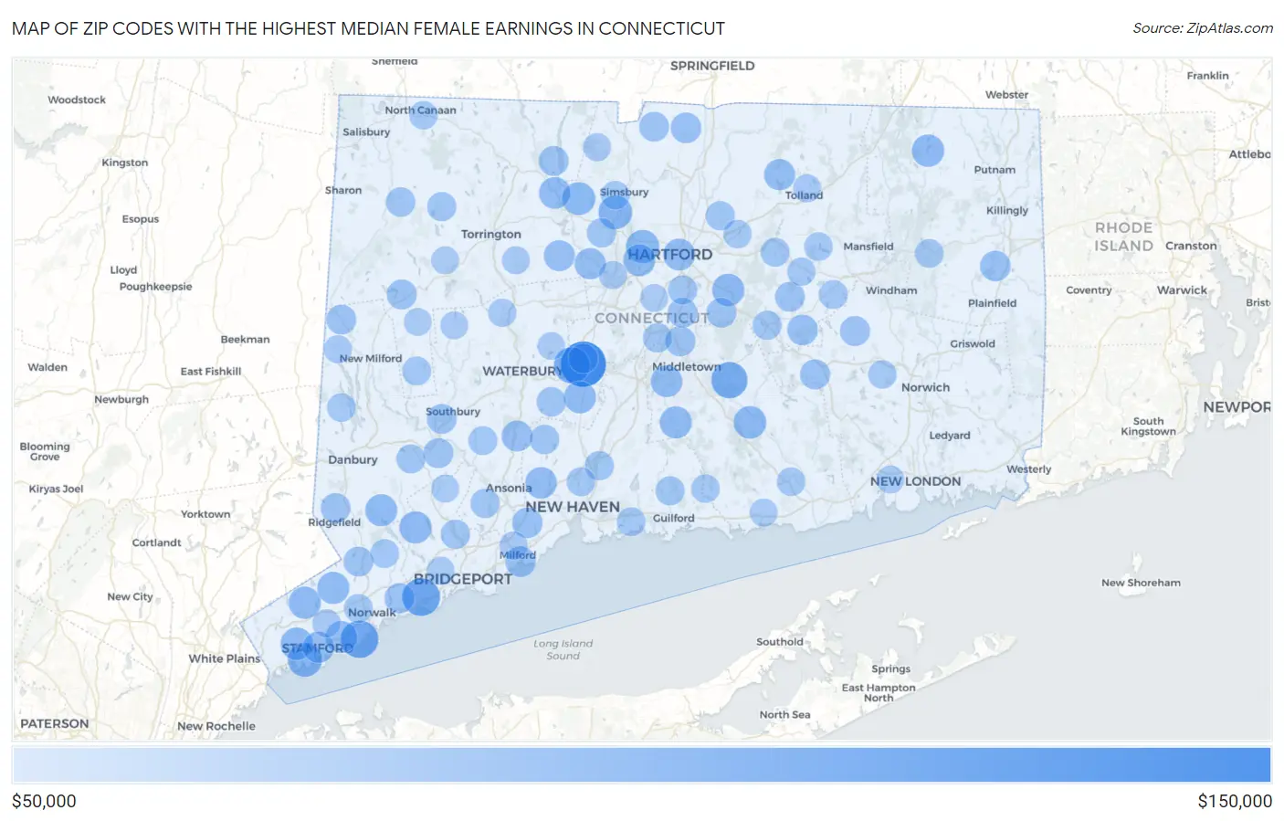 Zip Codes with the Highest Median Female Earnings in Connecticut Map
