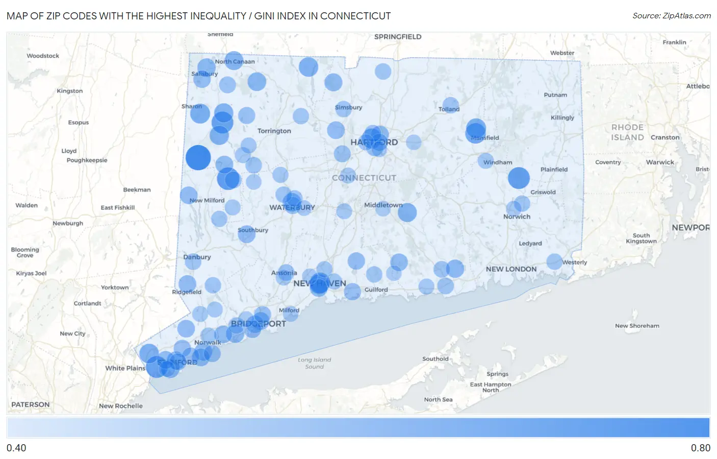 Zip Codes with the Highest Inequality / Gini Index in Connecticut Map