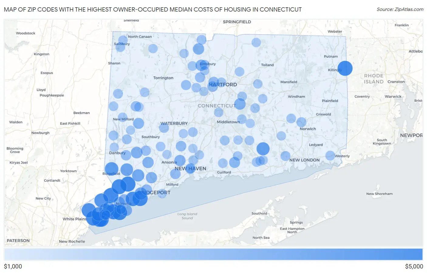 Zip Codes with the Highest Owner-Occupied Median Costs of Housing in Connecticut Map