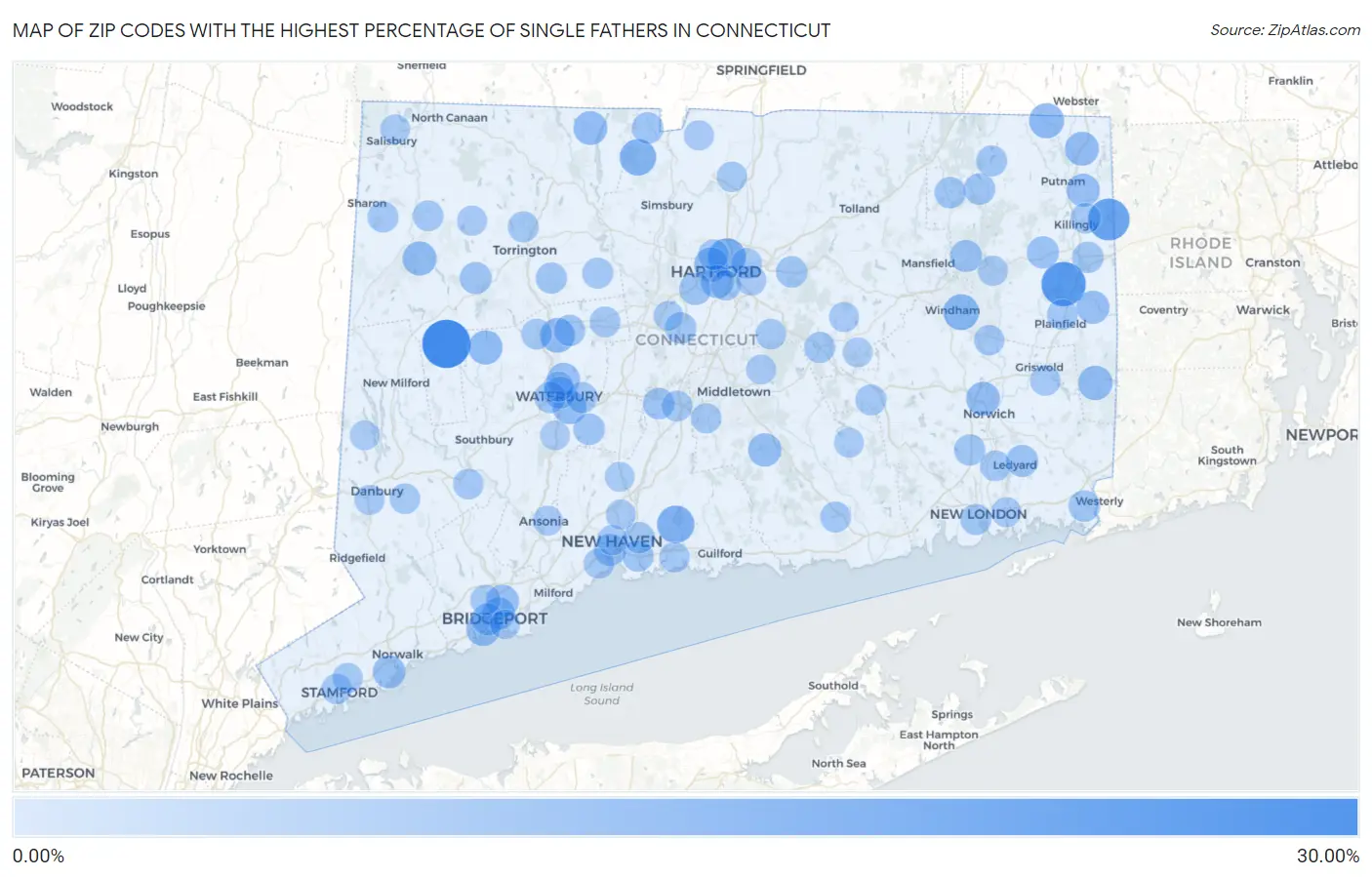 Zip Codes with the Highest Percentage of Single Fathers in Connecticut Map