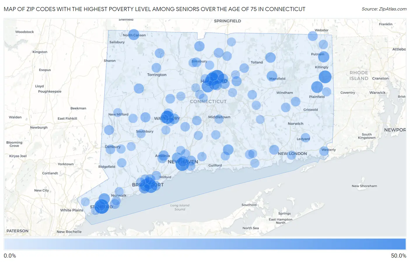 Zip Codes with the Highest Poverty Level Among Seniors Over the Age of 75 in Connecticut Map