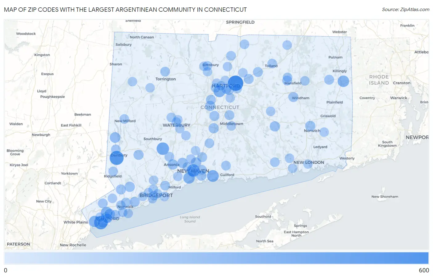 Zip Codes with the Largest Argentinean Community in Connecticut Map