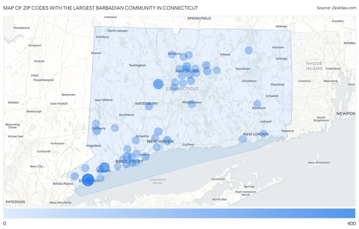 Zip Codes with the Largest Barbadian Community in Connecticut Map