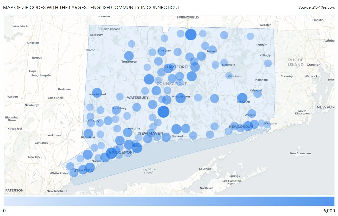 Zip Codes with the Largest English Community in Connecticut Map