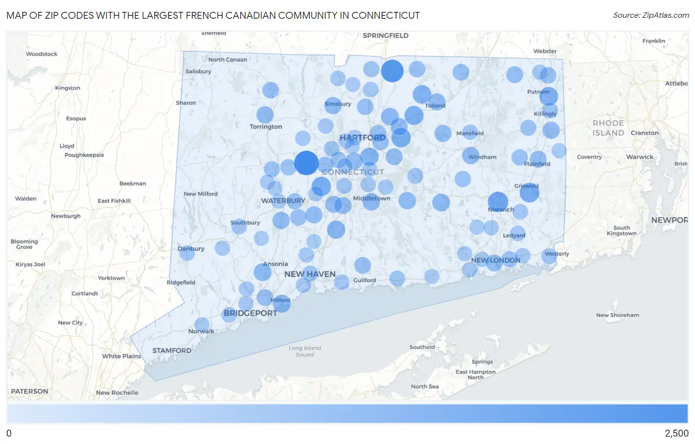 Zip Codes with the Largest French Canadian Community in Connecticut Map