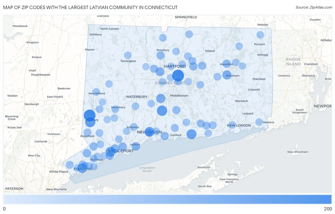 Zip Codes with the Largest Latvian Community in Connecticut Map