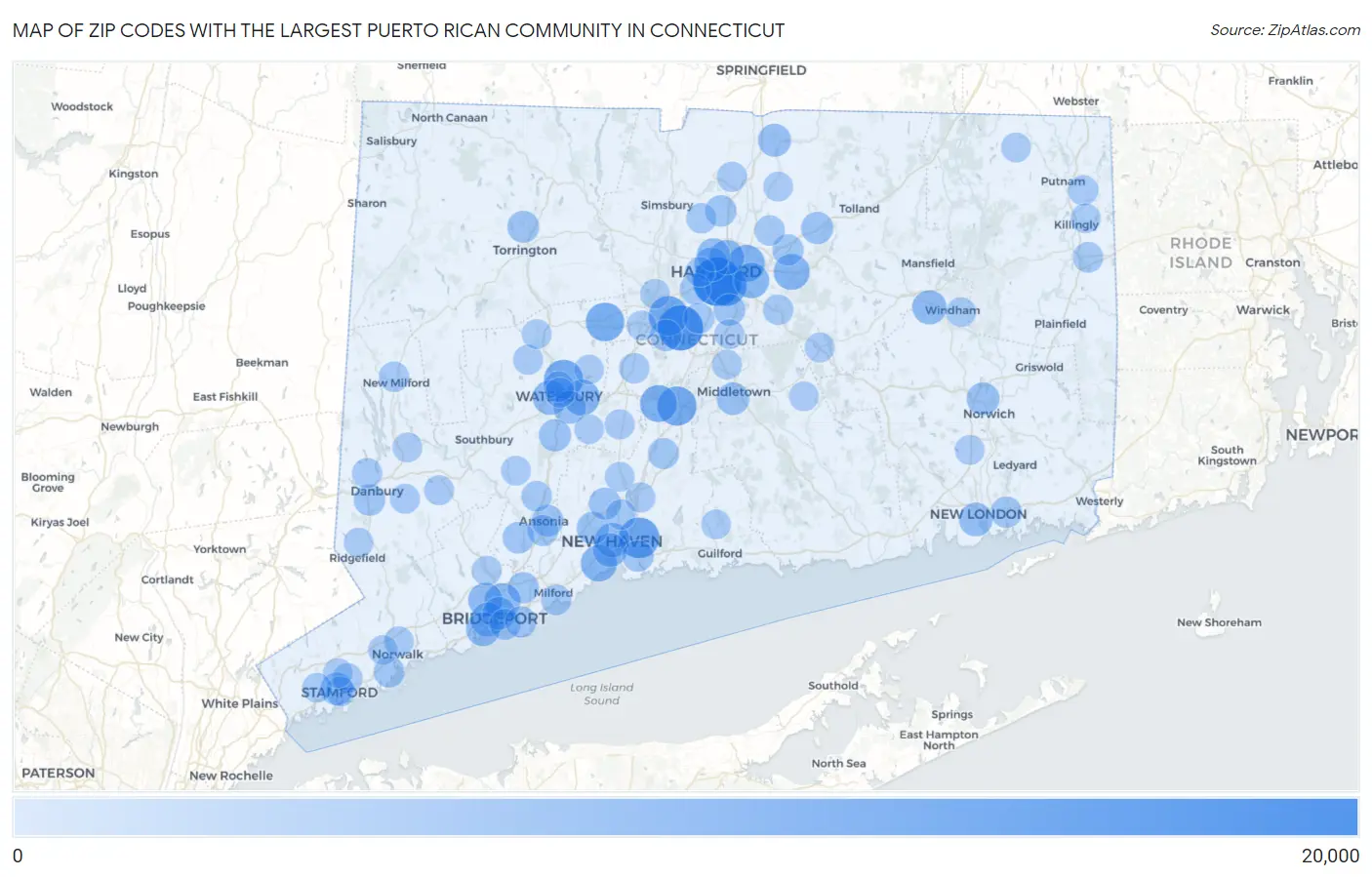 Zip Codes with the Largest Puerto Rican Community in Connecticut Map