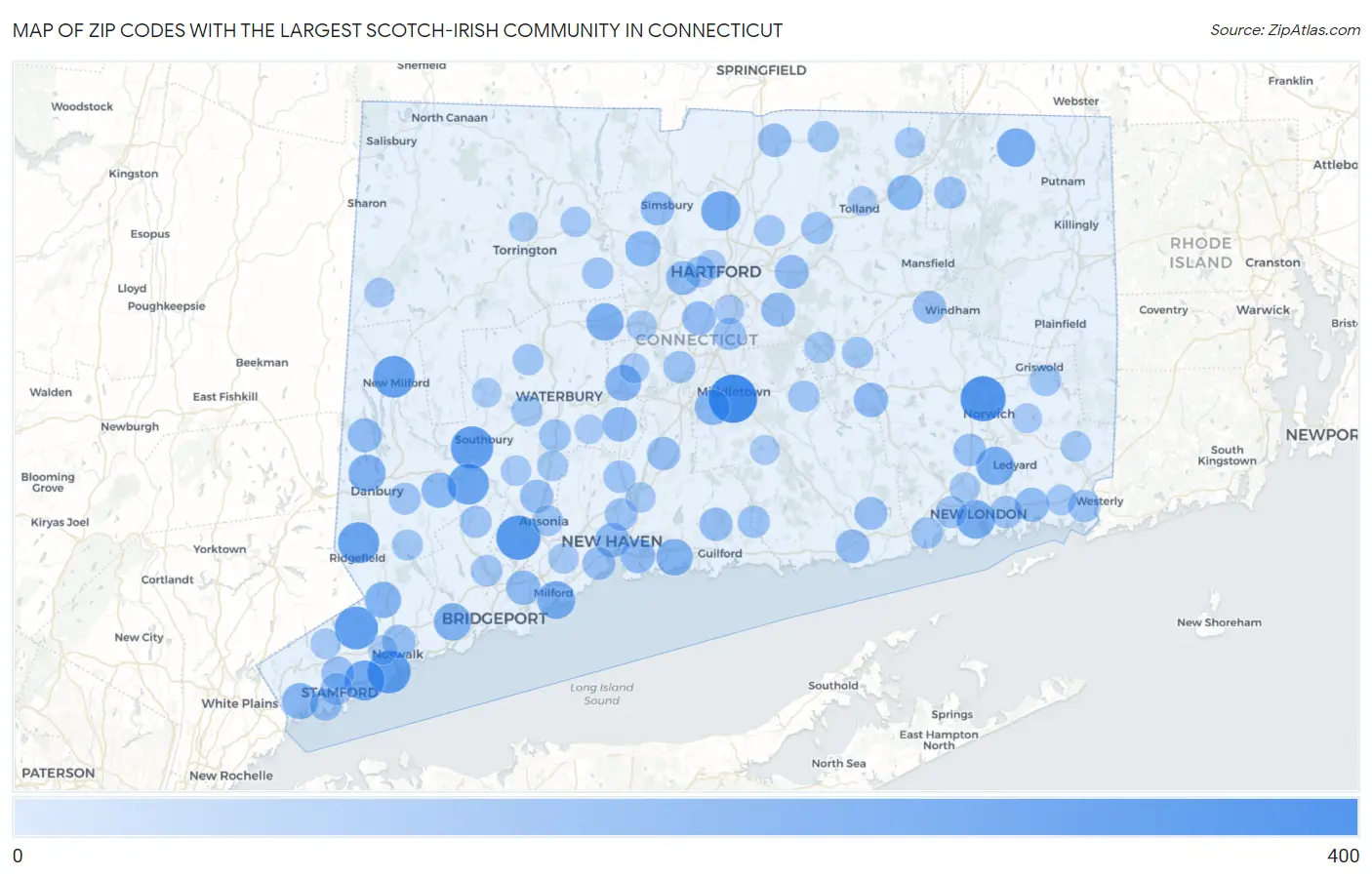 Zip Codes with the Largest Scotch-Irish Community in Connecticut Map