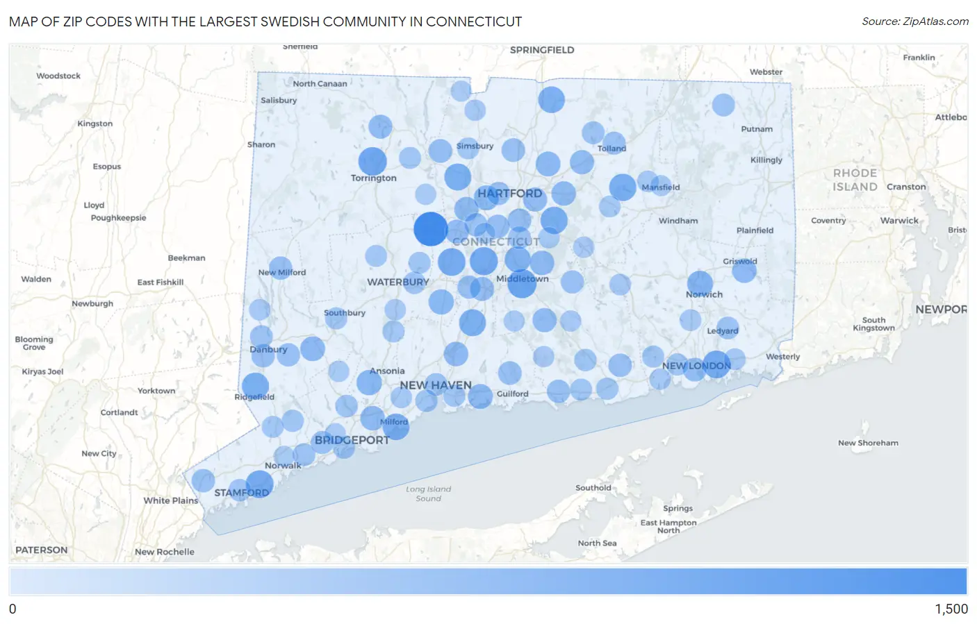 Zip Codes with the Largest Swedish Community in Connecticut Map