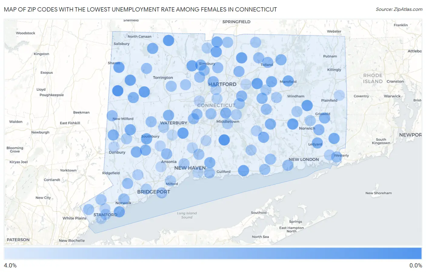 Zip Codes with the Lowest Unemployment Rate Among Females in Connecticut Map