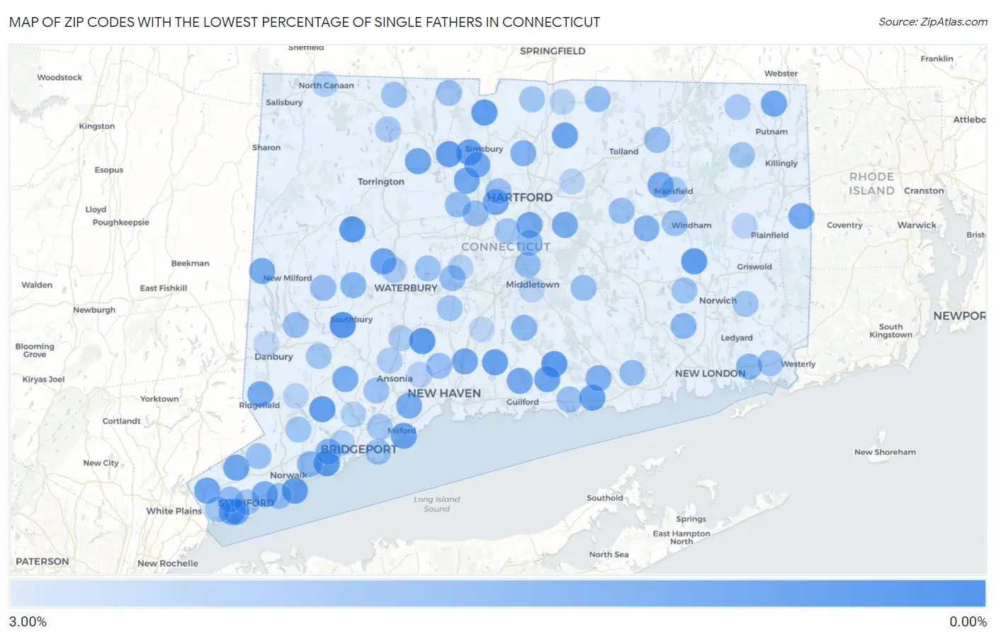 Zip Codes with the Lowest Percentage of Single Fathers in Connecticut Map