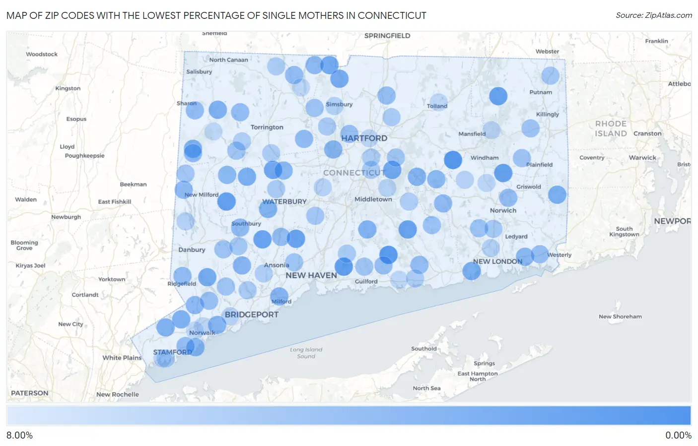 Zip Codes with the Lowest Percentage of Single Mothers in Connecticut Map