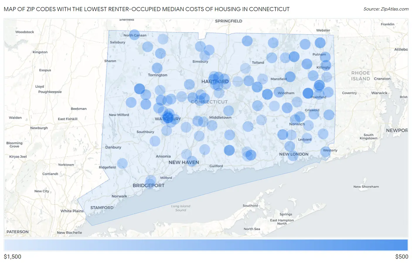 Zip Codes with the Lowest Renter-Occupied Median Costs of Housing in Connecticut Map