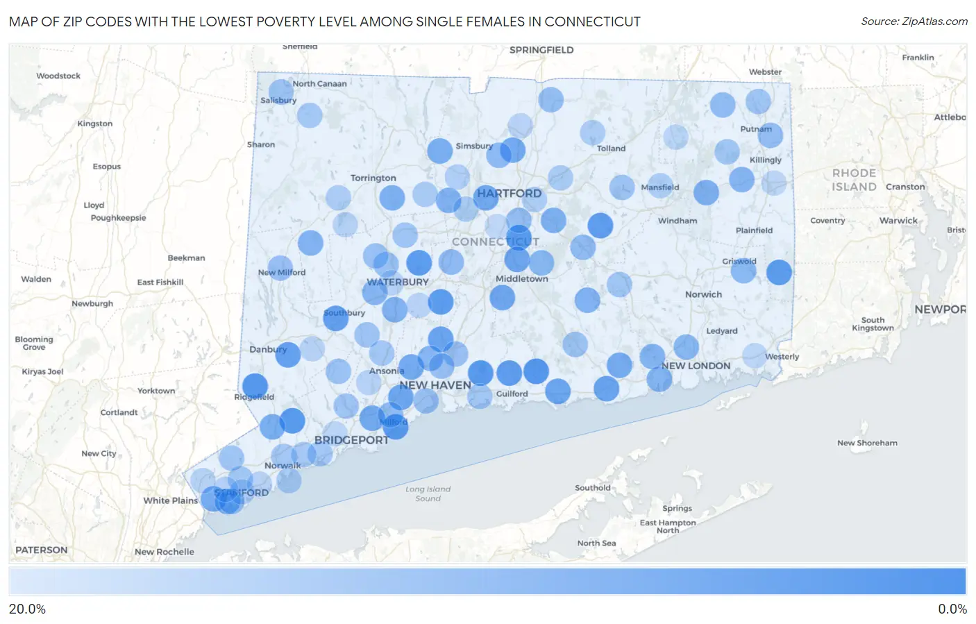 Zip Codes with the Lowest Poverty Level Among Single Females in Connecticut Map