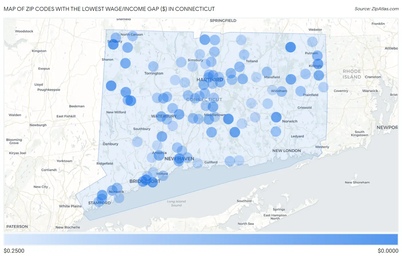 Zip Codes with the Lowest Wage/Income Gap ($) in Connecticut Map