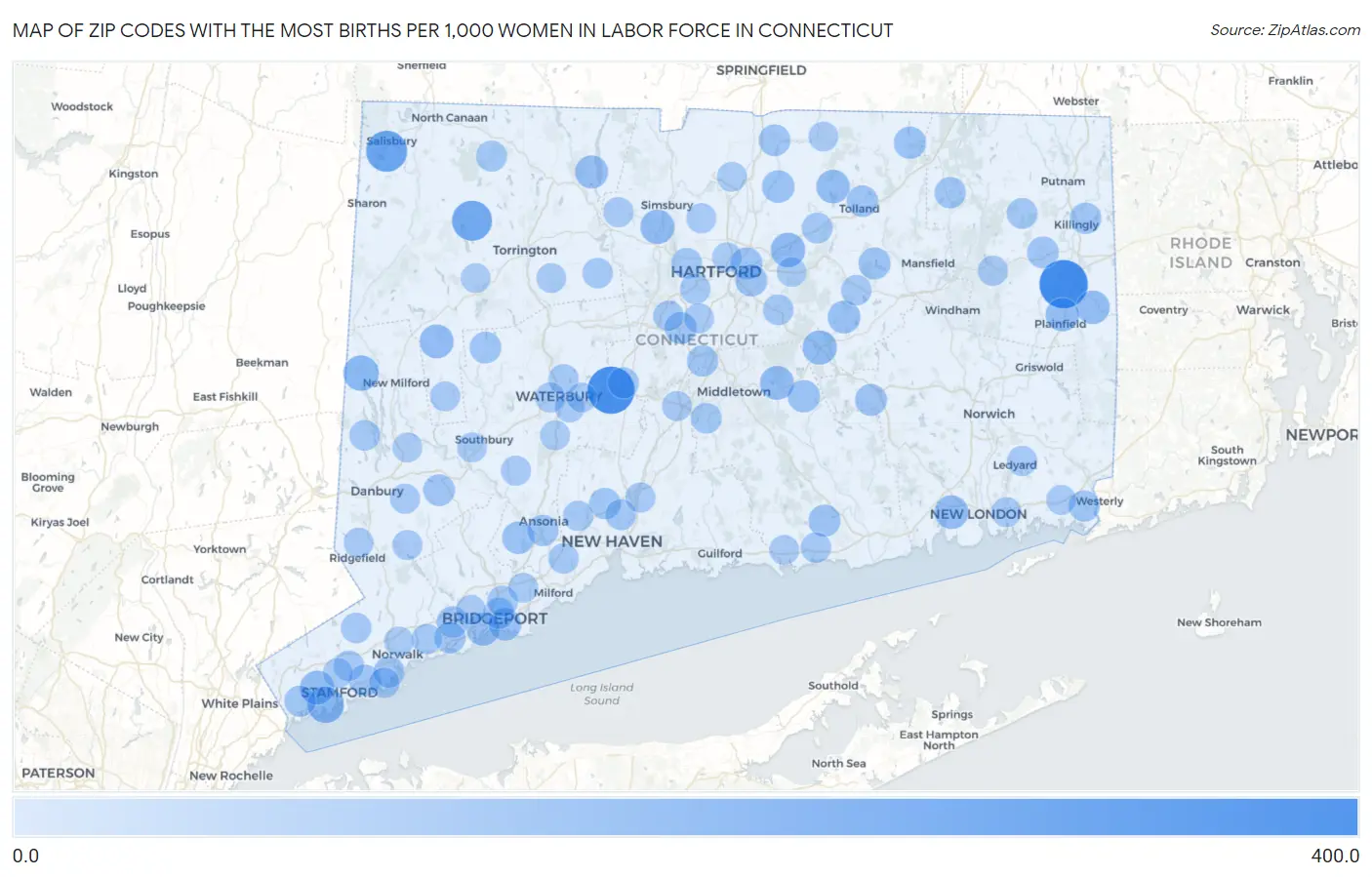 Zip Codes with the Most Births per 1,000 Women in Labor Force in Connecticut Map