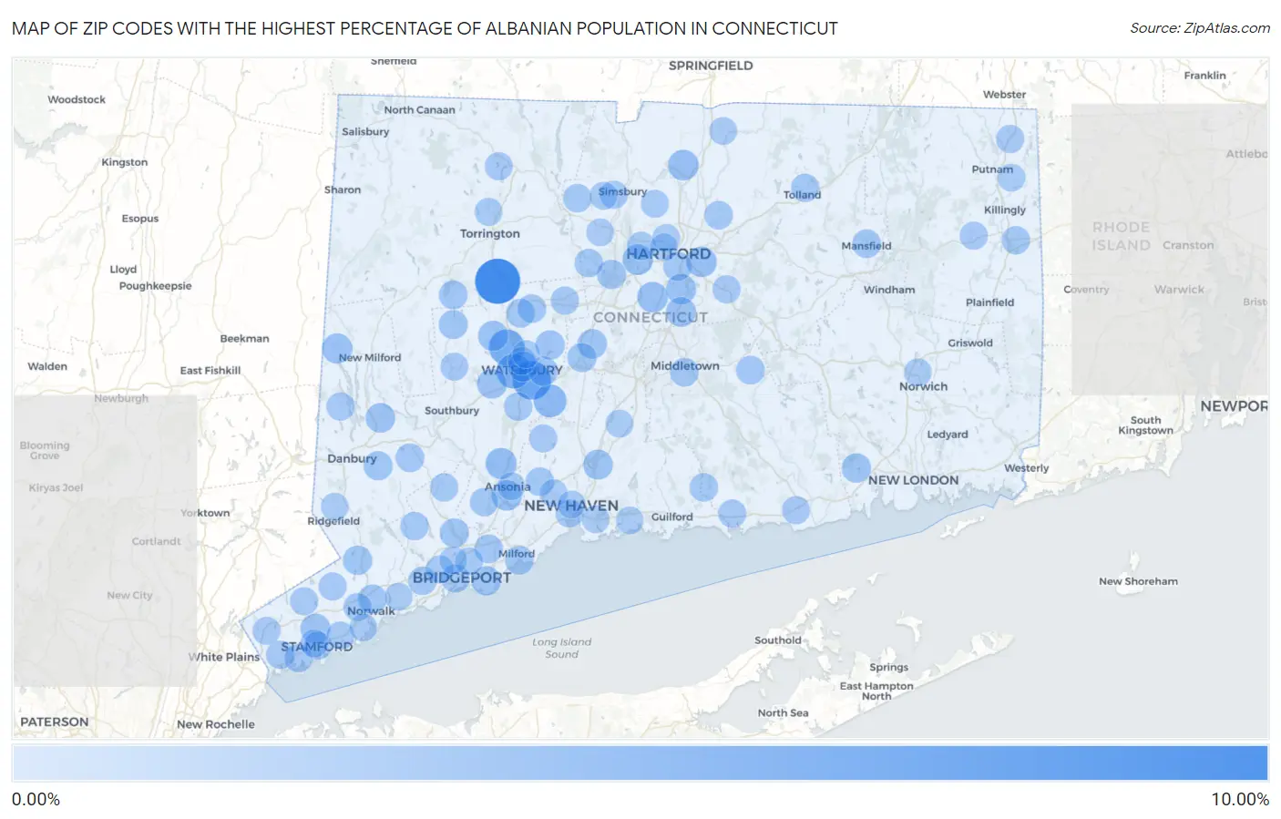 Zip Codes with the Highest Percentage of Albanian Population in Connecticut Map