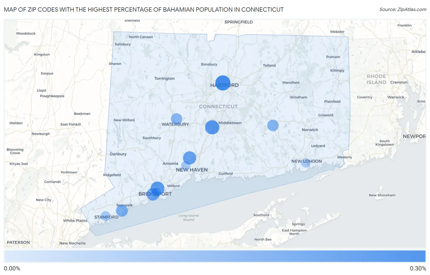 Zip Codes with the Highest Percentage of Bahamian Population in Connecticut Map