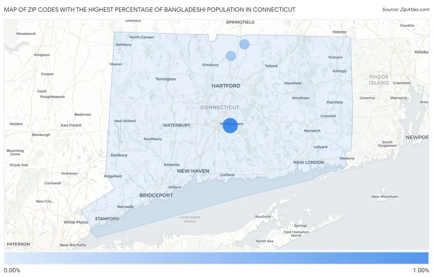 Zip Codes with the Highest Percentage of Bangladeshi Population in Connecticut Map