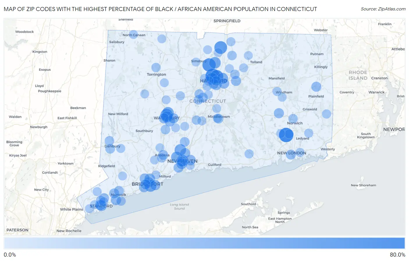 Zip Codes with the Highest Percentage of Black / African American Population in Connecticut Map