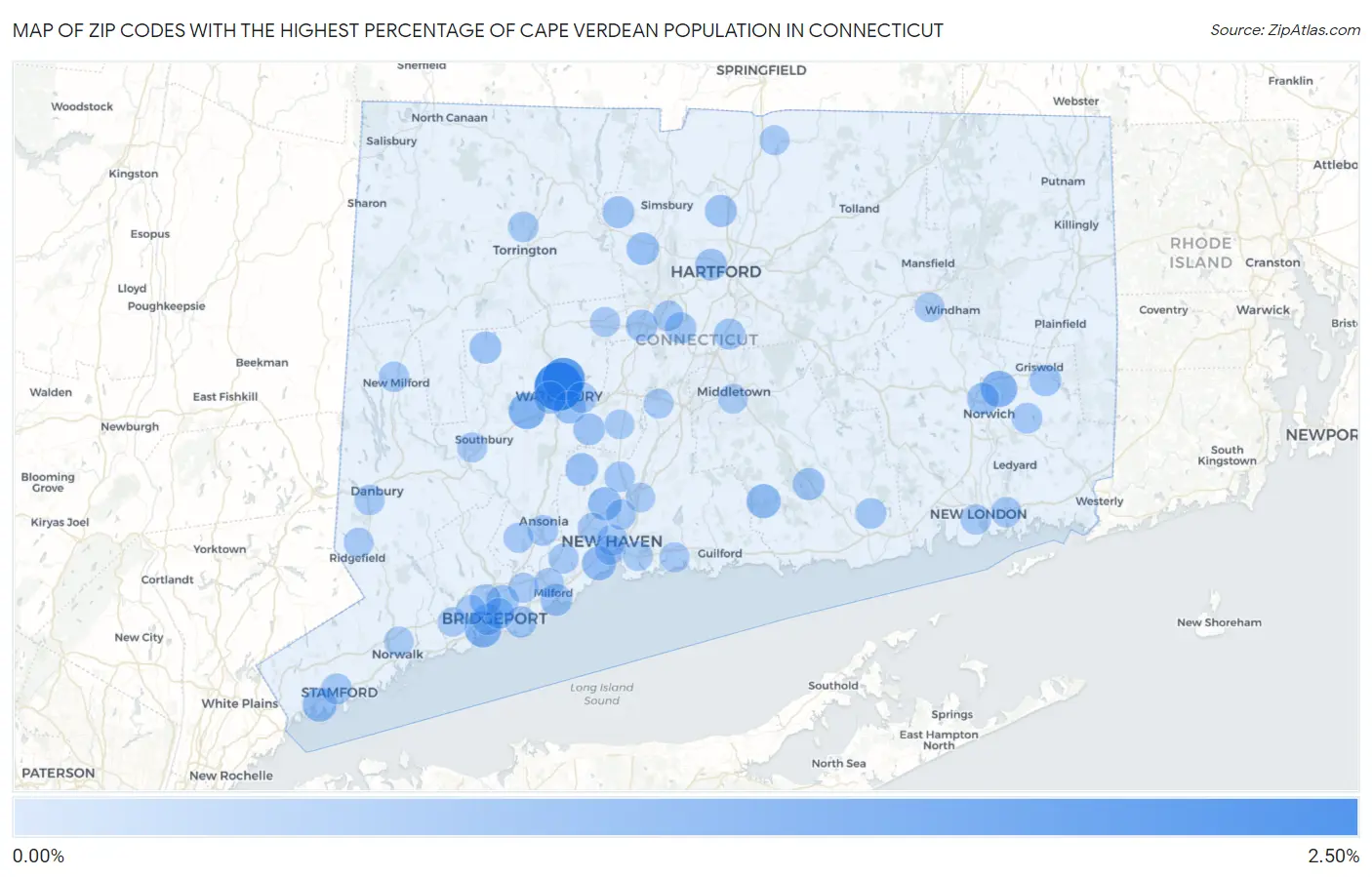 Zip Codes with the Highest Percentage of Cape Verdean Population in Connecticut Map