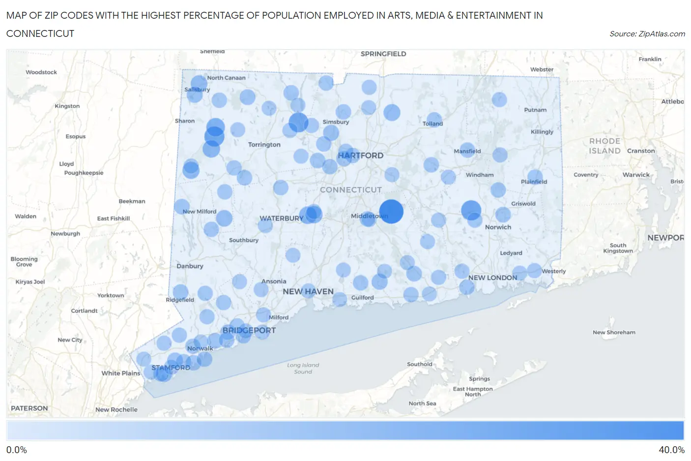 Zip Codes with the Highest Percentage of Population Employed in Arts, Media & Entertainment in Connecticut Map