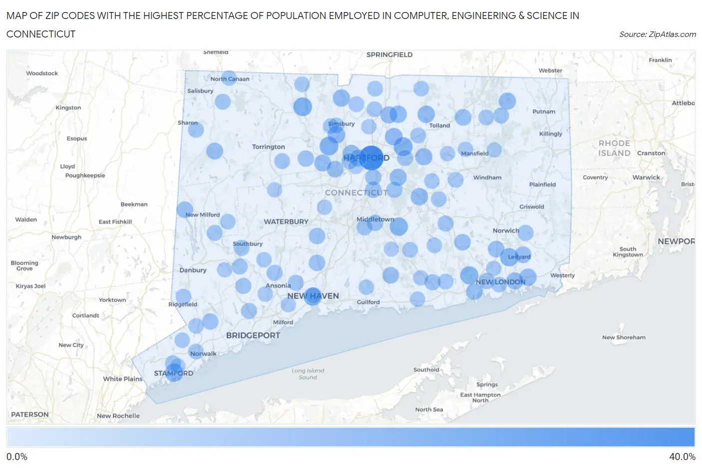 Zip Codes with the Highest Percentage of Population Employed in Computer, Engineering & Science in Connecticut Map