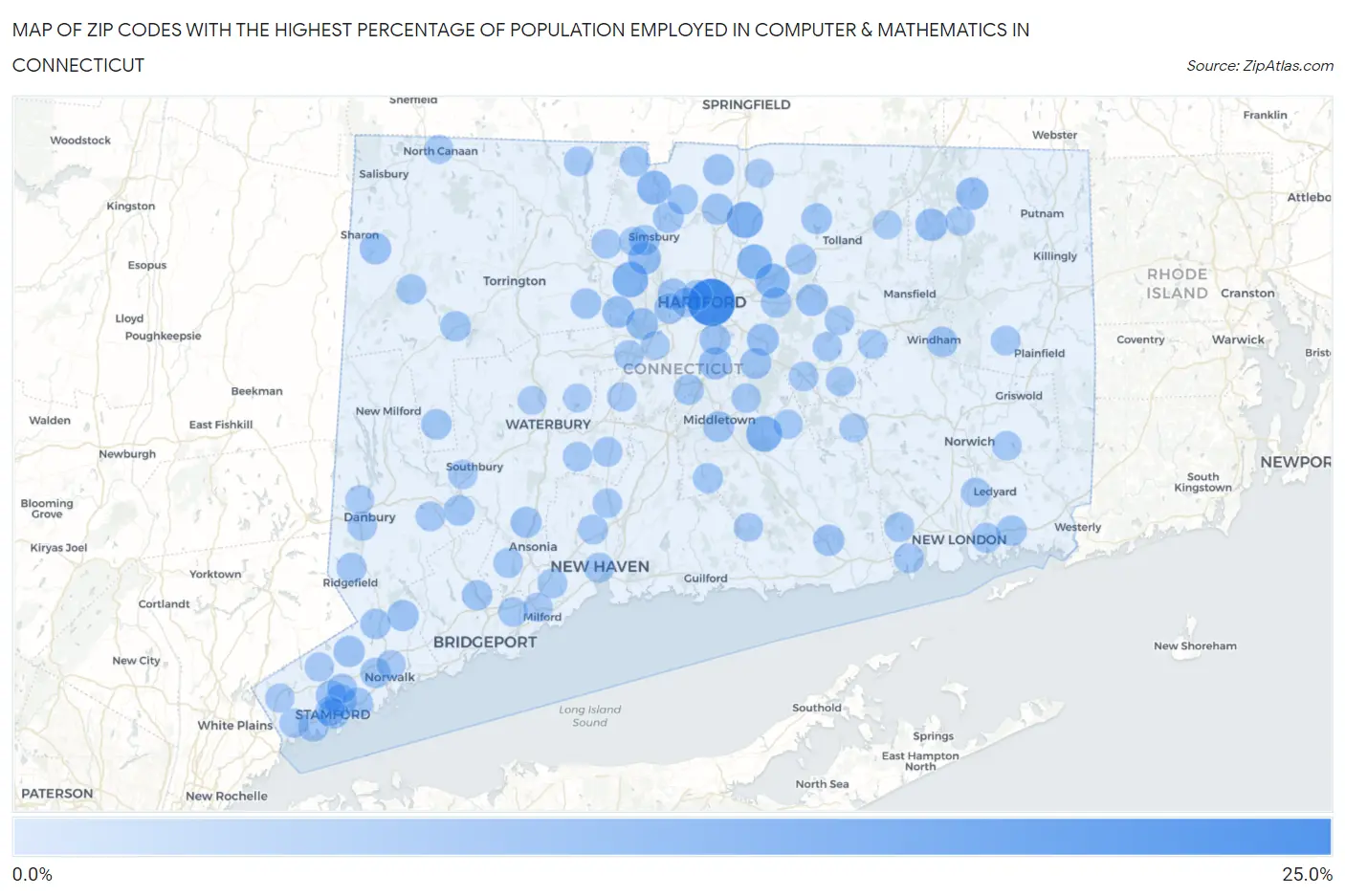 Zip Codes with the Highest Percentage of Population Employed in Computer & Mathematics in Connecticut Map