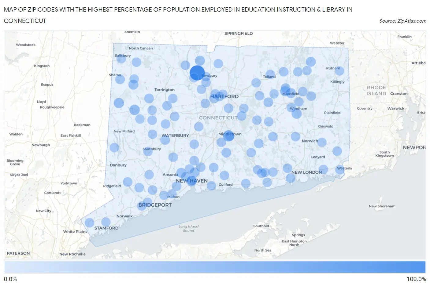 Zip Codes with the Highest Percentage of Population Employed in Education Instruction & Library in Connecticut Map
