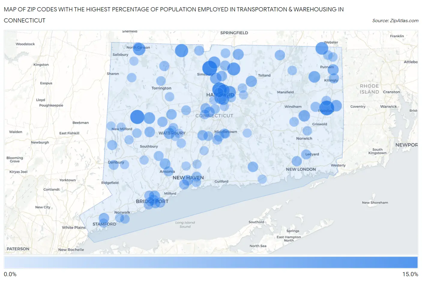 Zip Codes with the Highest Percentage of Population Employed in Transportation & Warehousing in Connecticut Map